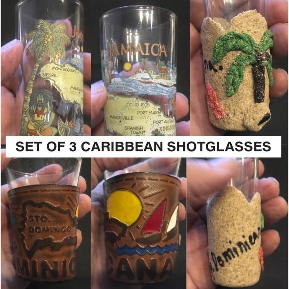 SET OF 3 CARIBBEAN SHOTGLASSES -- 1 from Jamaica and 2 from Dominican Republic - Picture 1 of 7